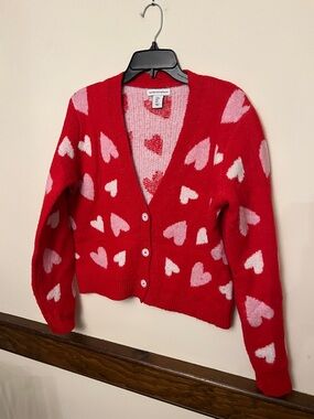 cupcakes & cashmere Red Cardigan with Pink Heart Print